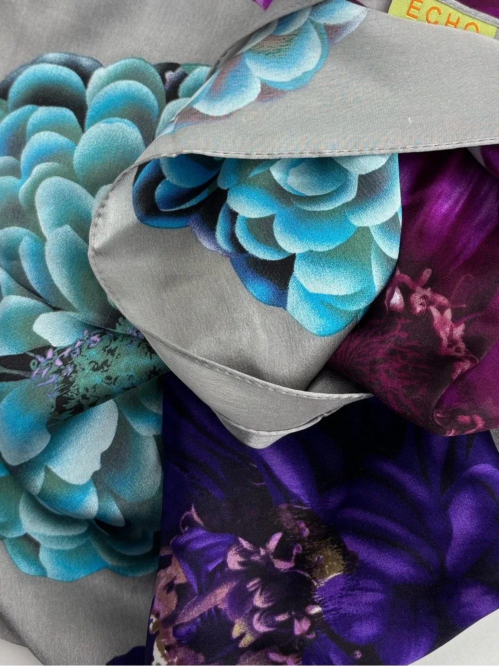 Vintage Echo Silk Scarf Silver Grey w Magenta, Teal & Purple‎ Floral Accents